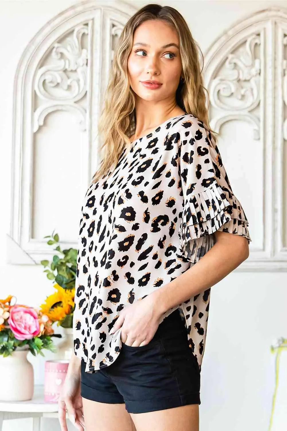 Leopard Round Neck Curved Hem Blouse Blouses - Tophatter Daily Deals