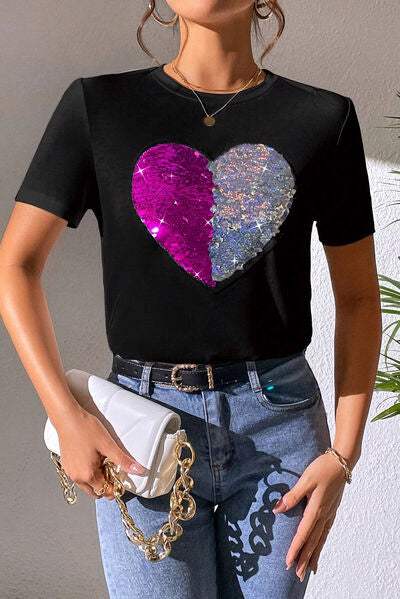 Heart Sequin Round Neck Short Sleeve T-Shirt Black Women's T-Shirts - Tophatter Daily Deals