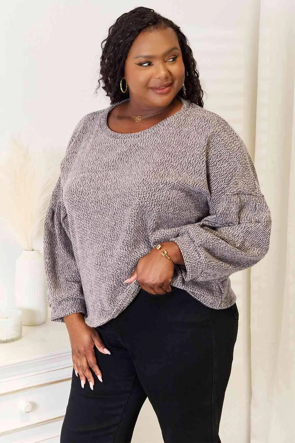 Jade By Jane Full Size Boat Neck Glitter Long Sleeve Top Blouses - Tophatter Daily Deals