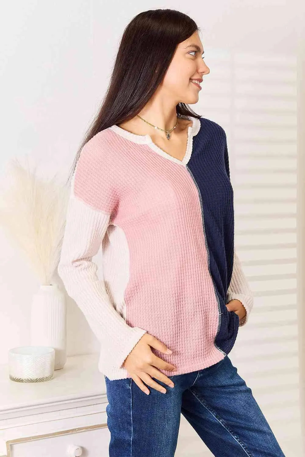 Heimish Full Size Solid Color Block Contrast Top Blouses - Tophatter Daily Deals