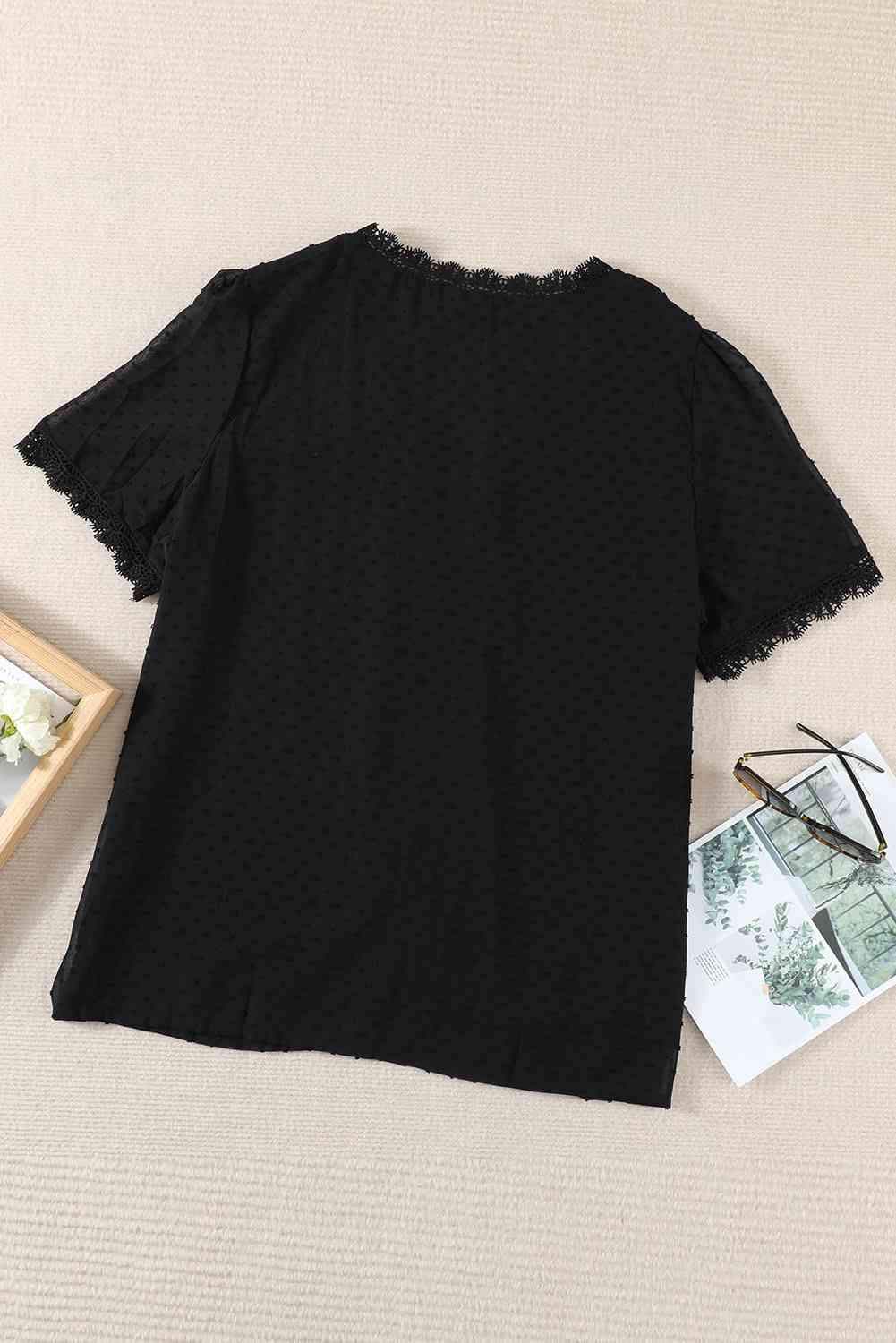 Plus Size Swiss Dot Spliced Lace V-Neck Blouse Blouses - Tophatter Daily Deals