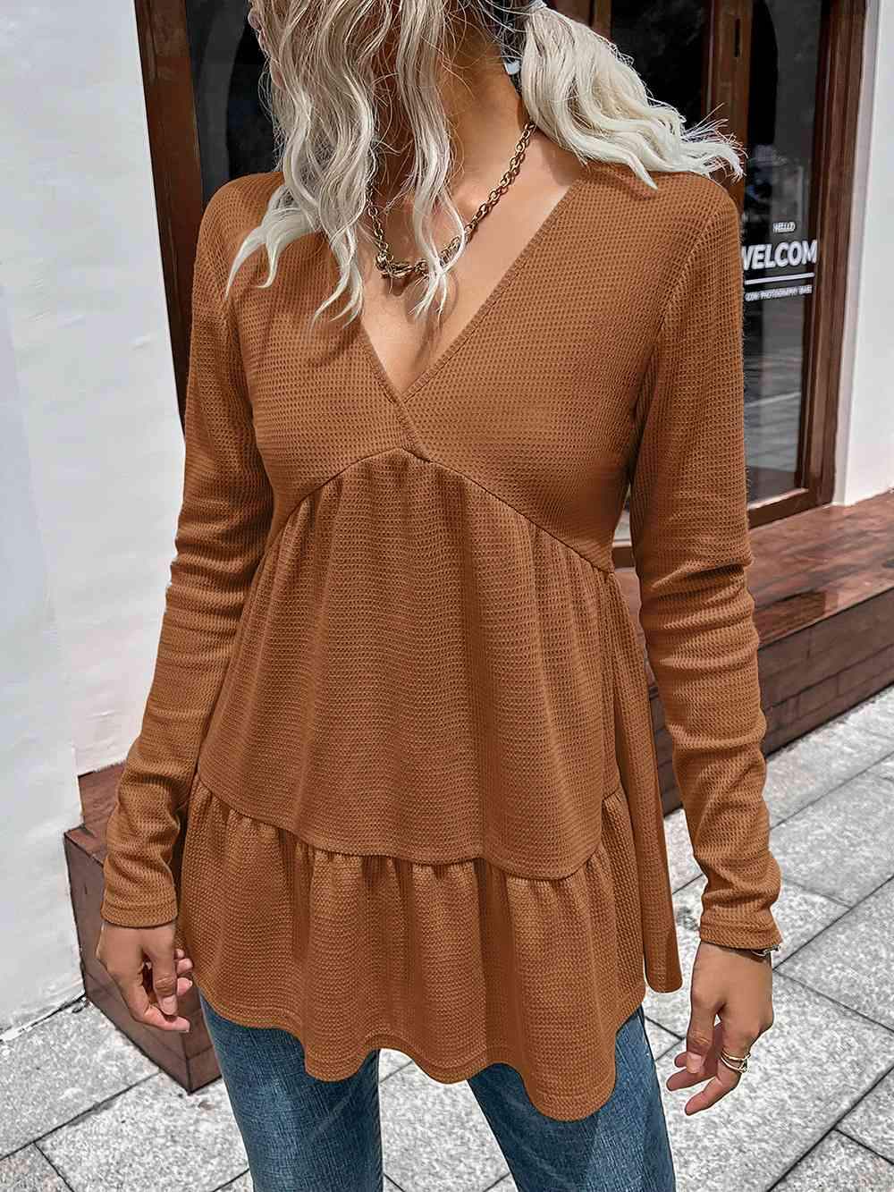 Waffle-Knit V-Neck Long Sleeve Blouse Blouses - Tophatter Daily Deals