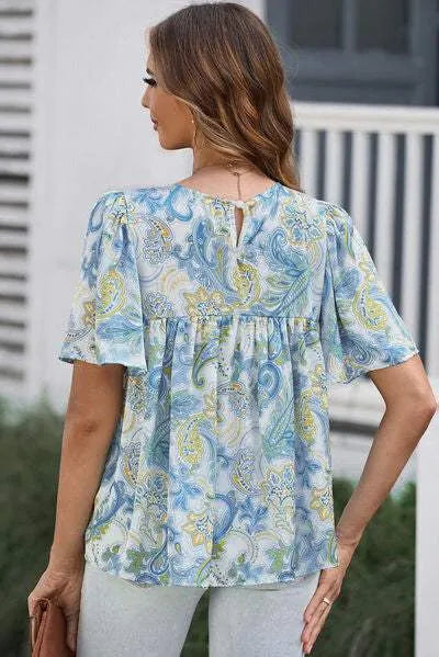 Printed Round Neck Short Sleeve Blouse Blouses - Tophatter Daily Deals