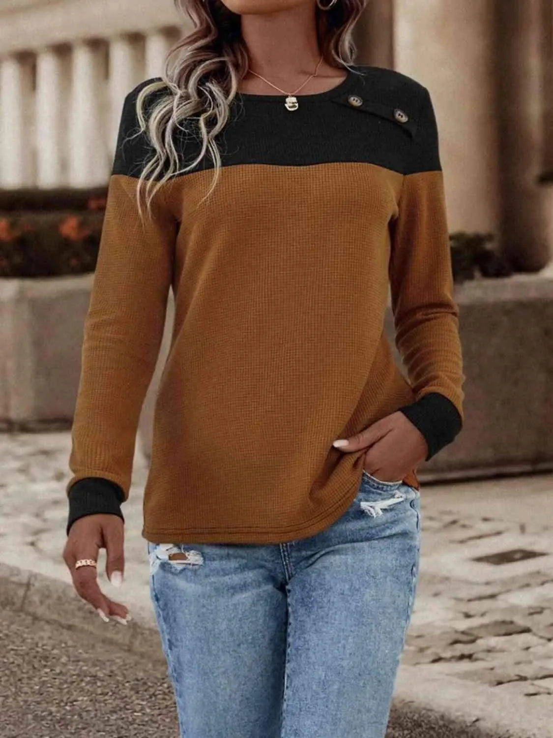 Contrast Buttoned Round Neck Long Sleeve T-Shirt Women's T-Shirts - Tophatter Daily Deals