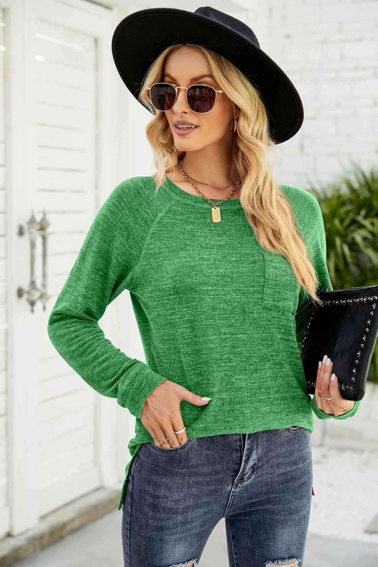 Heathered Slit Long Raglan Sleeve Top Women's T-Shirts - Tophatter Daily Deals