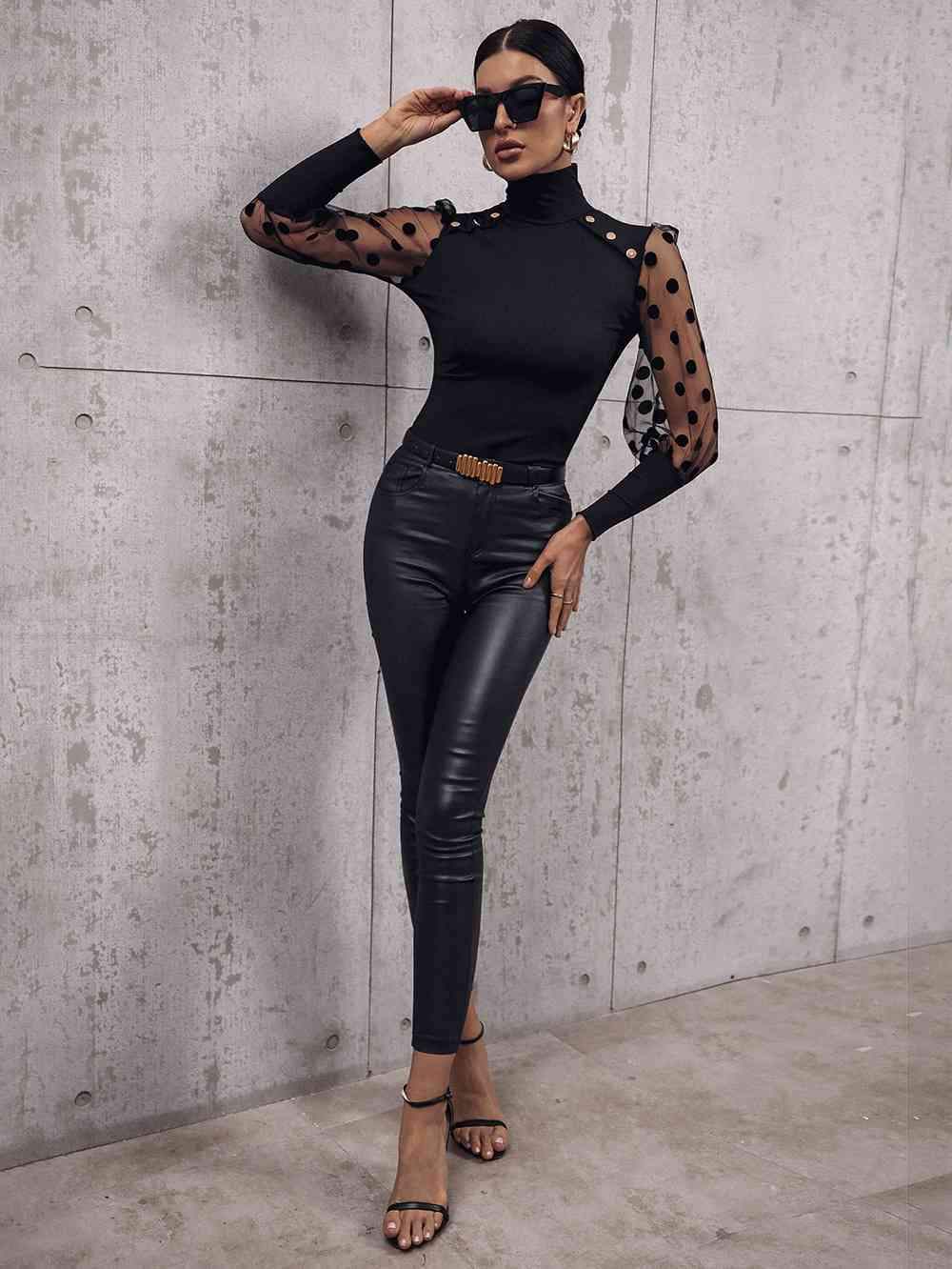 Buttoned Lantern Sleeve Turtle Neck Blouse Blouses - Tophatter Daily Deals
