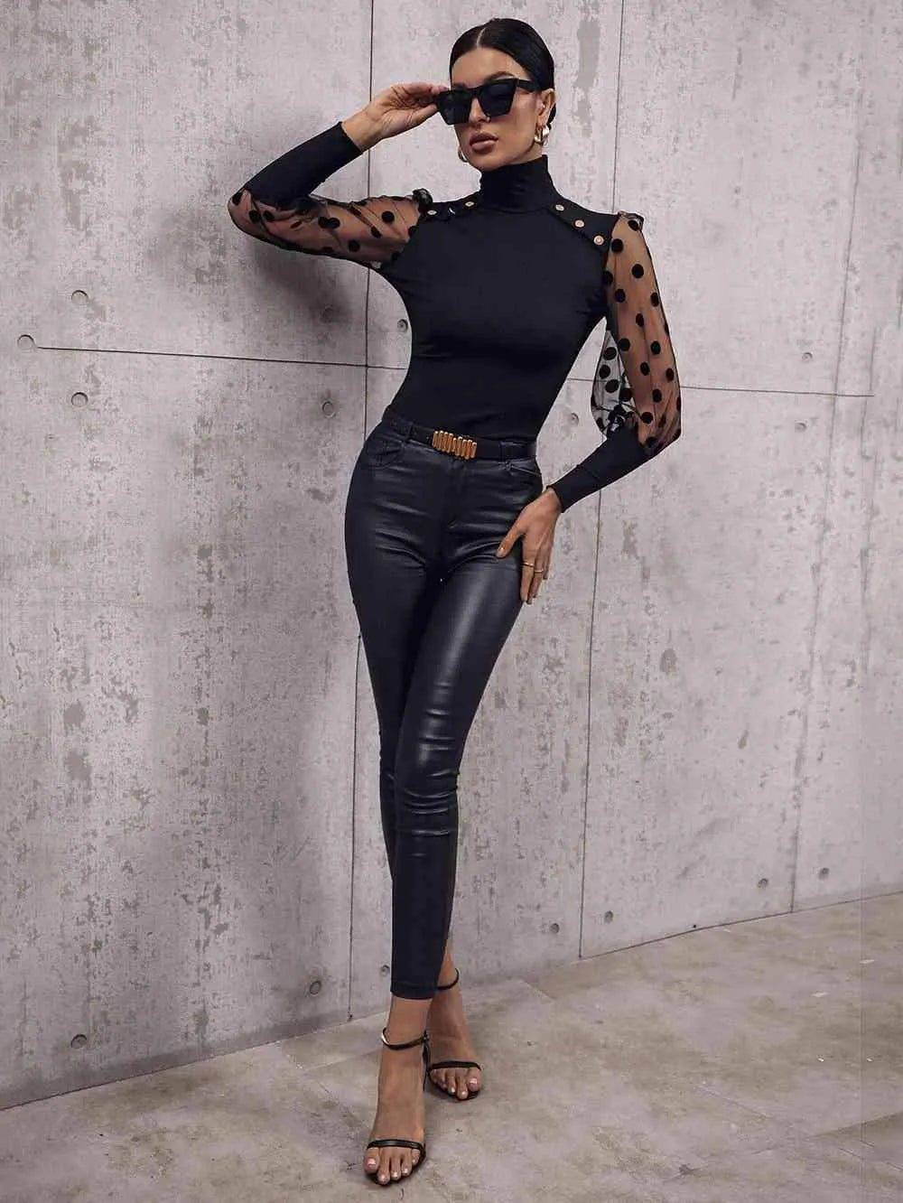 Buttoned Lantern Sleeve Turtle Neck Blouse Blouses - Tophatter Daily Deals