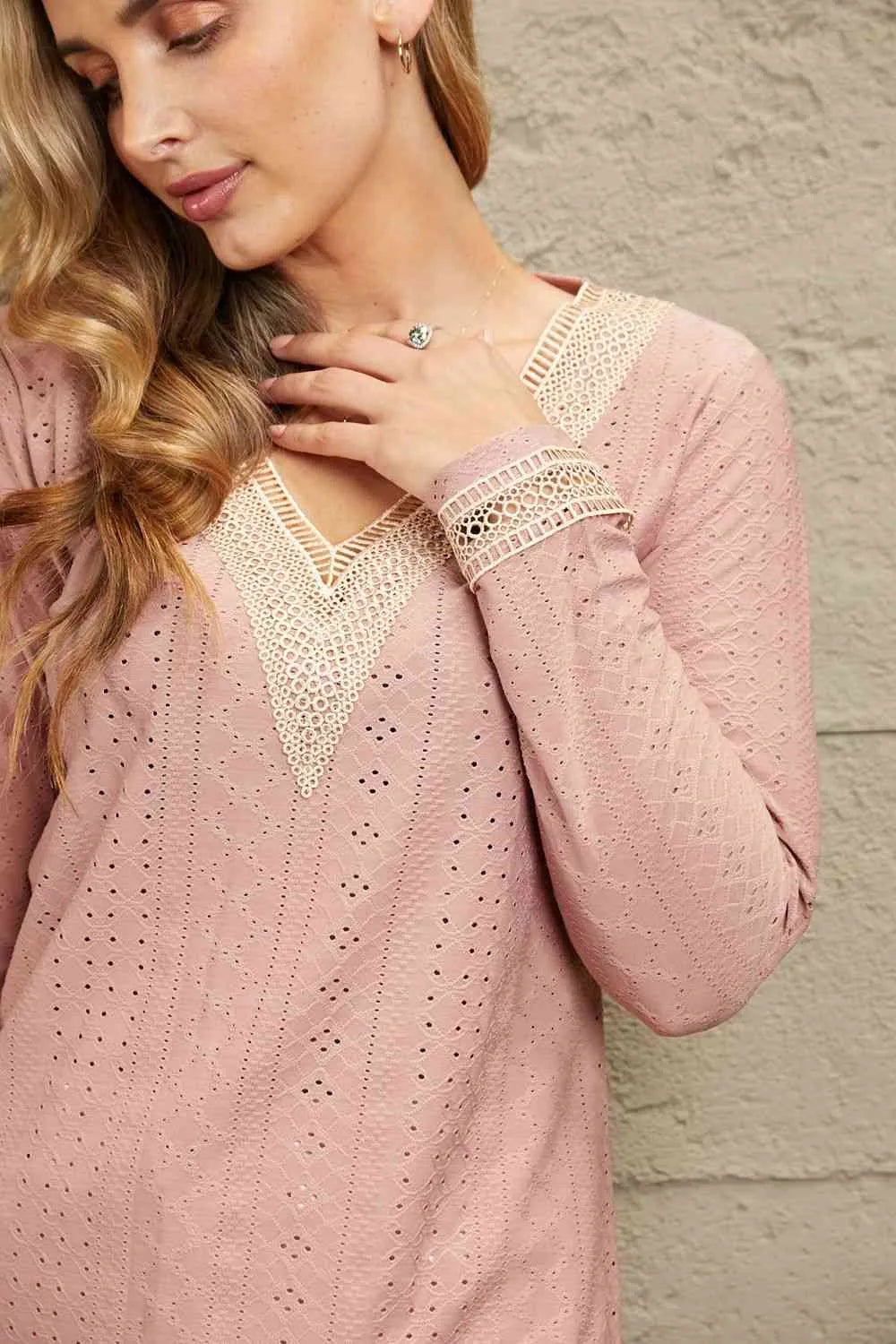 Double Take Contrast V-Neck Eyelet Long Sleeve Top Blouses - Tophatter Daily Deals