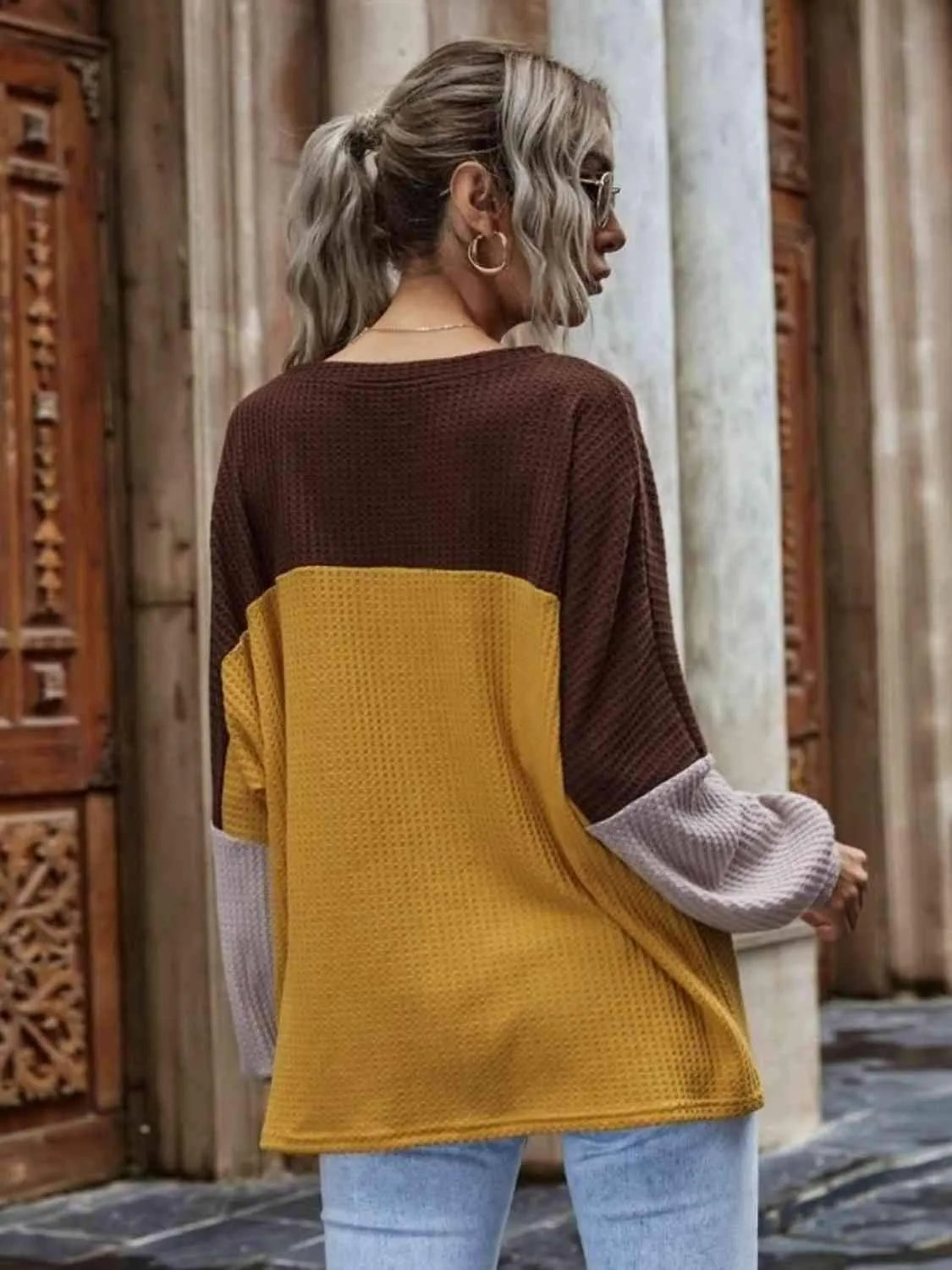 Color Block Waffle-Knit Long Sleeve Top Women's T-Shirts - Tophatter Daily Deals