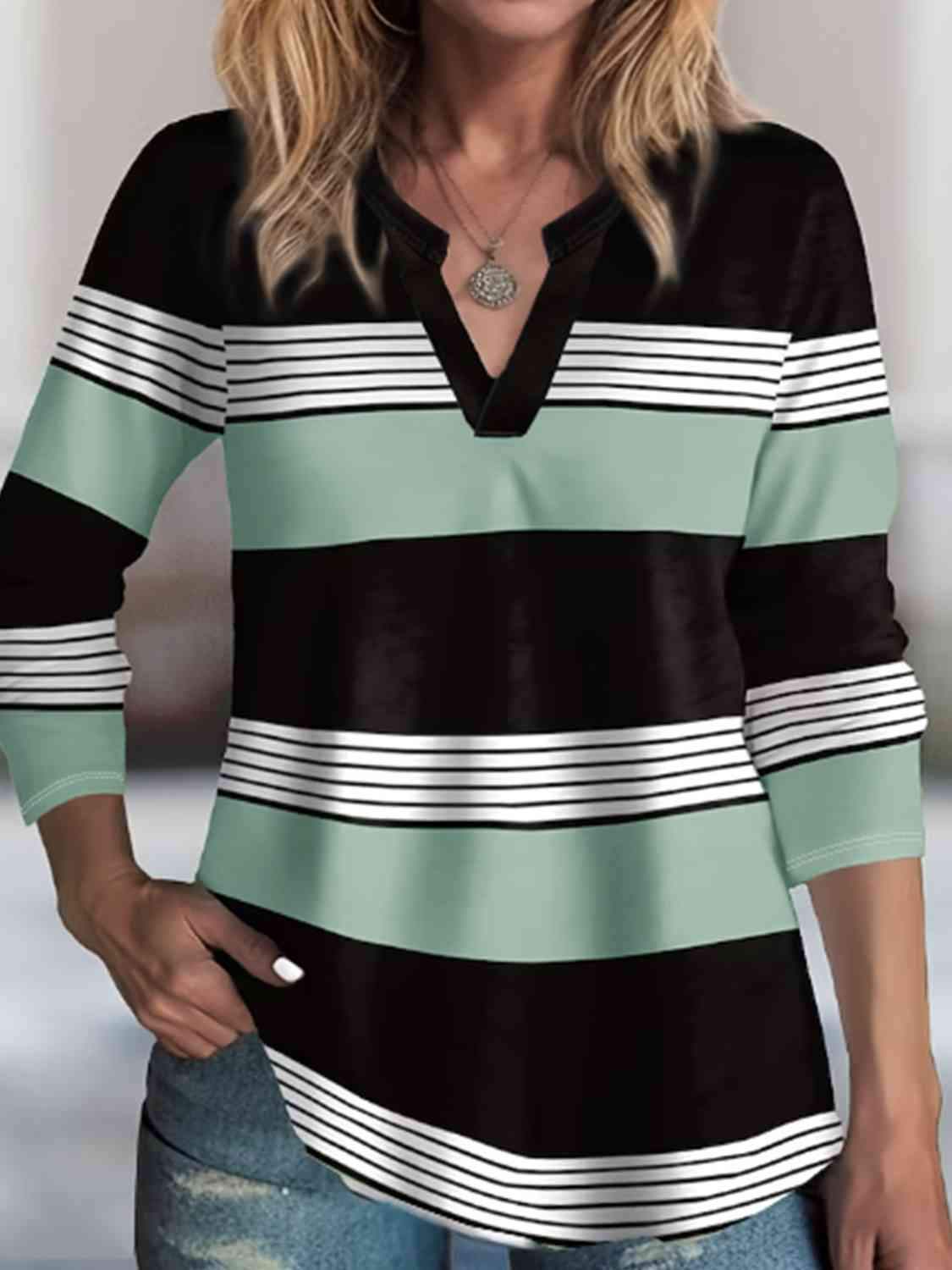 Striped Notched Long Sleeve T-Shirt Gum Leaf Women's T-Shirts - Tophatter Daily Deals