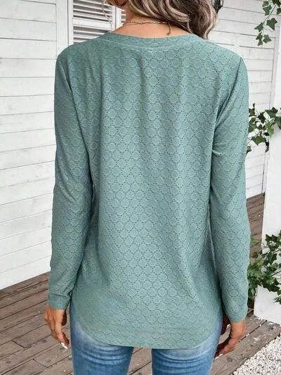 Eyelet V-Neck Long Sleeve T-Shirt Women's T-Shirts - Tophatter Daily Deals