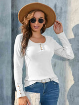 Buttoned Round Neck Long Sleeve T-Shirt White Women's T-Shirts - Tophatter Daily Deals
