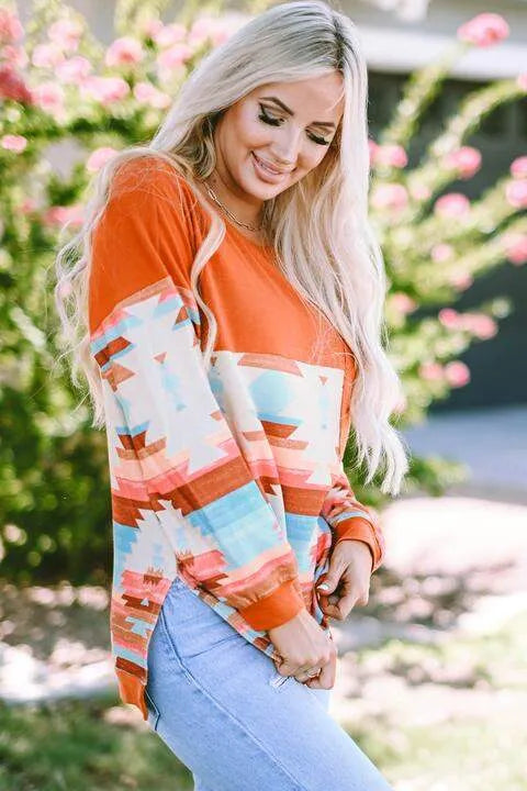 Geometric Round Neck Long Sleeve T-Shirt Women's T-Shirts - Tophatter Daily Deals