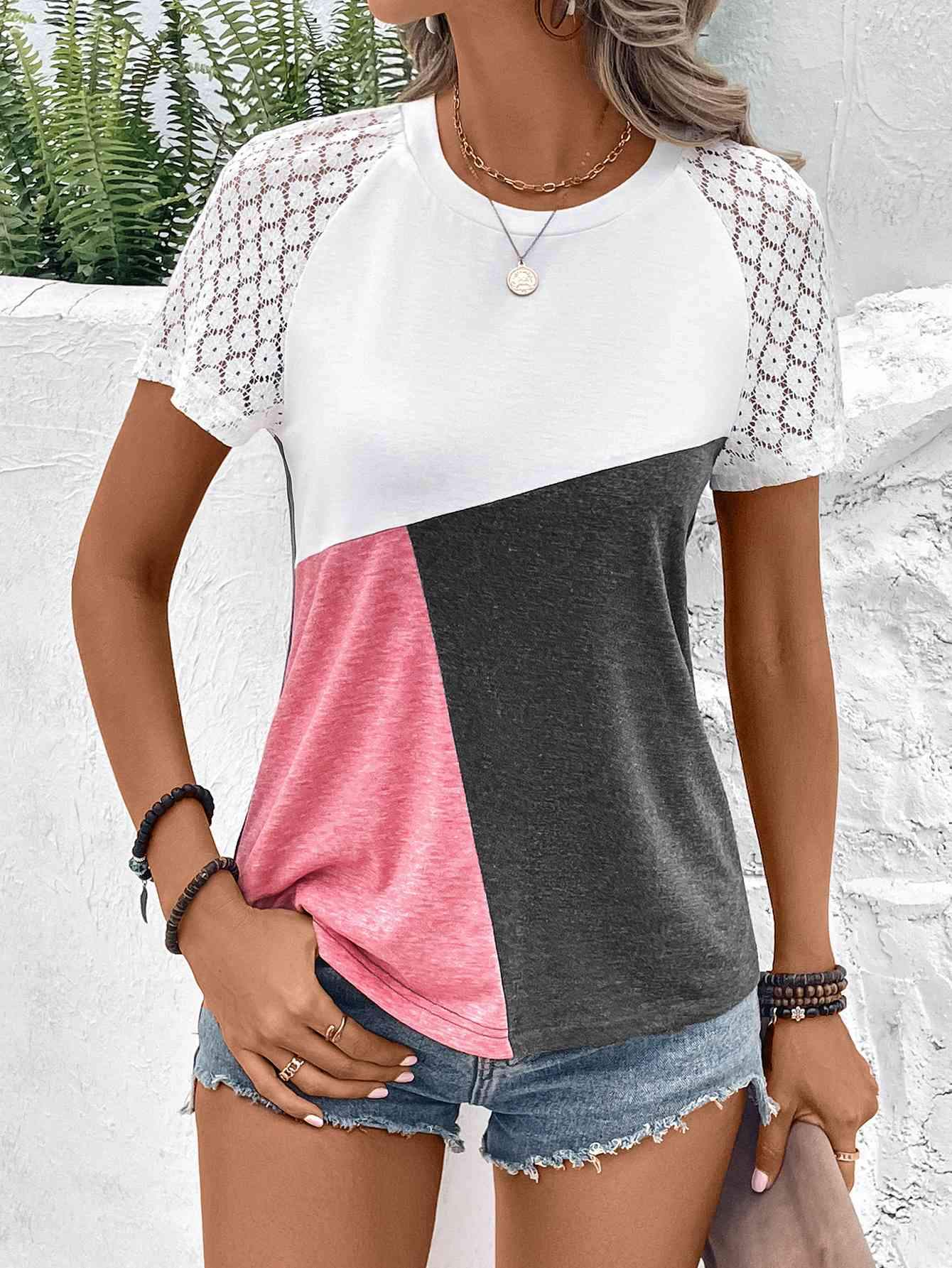 Color Block Raglan Sleeve Round Neck Tee Women's T-Shirts - Tophatter Daily Deals