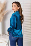 Double Take Notched Neck Buttoned Long Sleeve Blouse Blouses - Tophatter Daily Deals