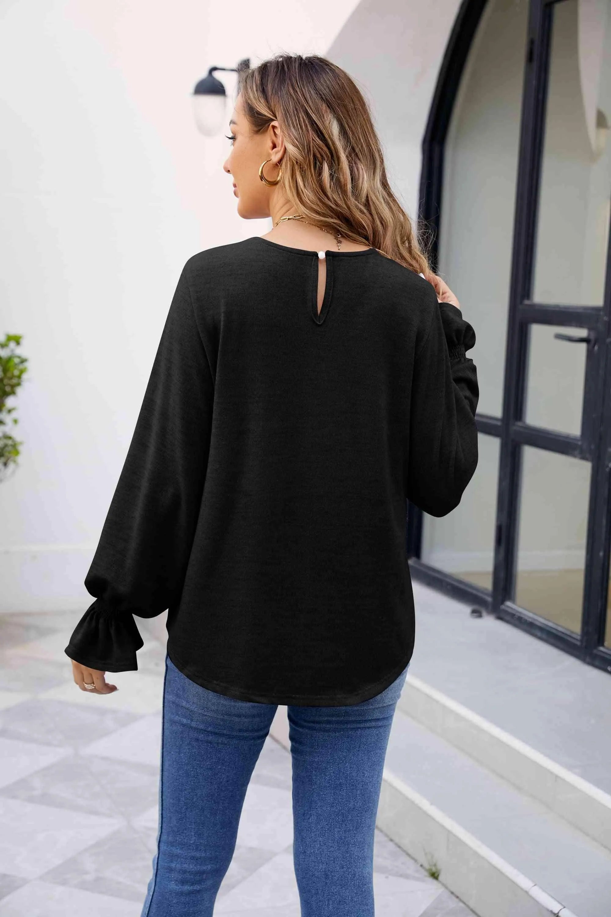 Round Neck Flounce Sleeve Blouse Blouses - Tophatter Daily Deals