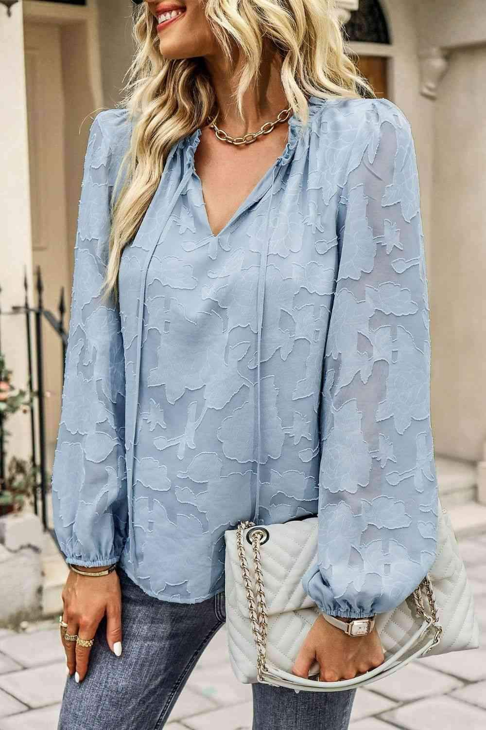 Applique Frill Trim Tie Neck Blouse Sky Blue Blouses - Tophatter Daily Deals