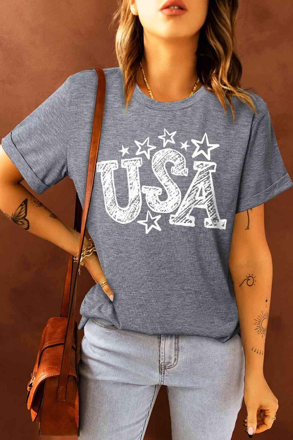 USA Star Graphic Round Neck Tee Mid Gray Women's T-Shirts - Tophatter Daily Deals