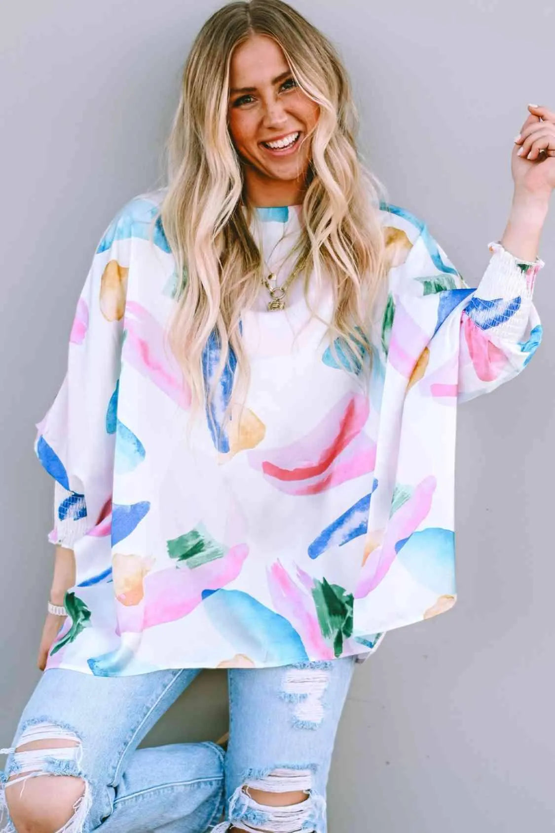 Printed Round Neck Smocked Lantern Sleeve Blouse White Blouses - Tophatter Daily Deals