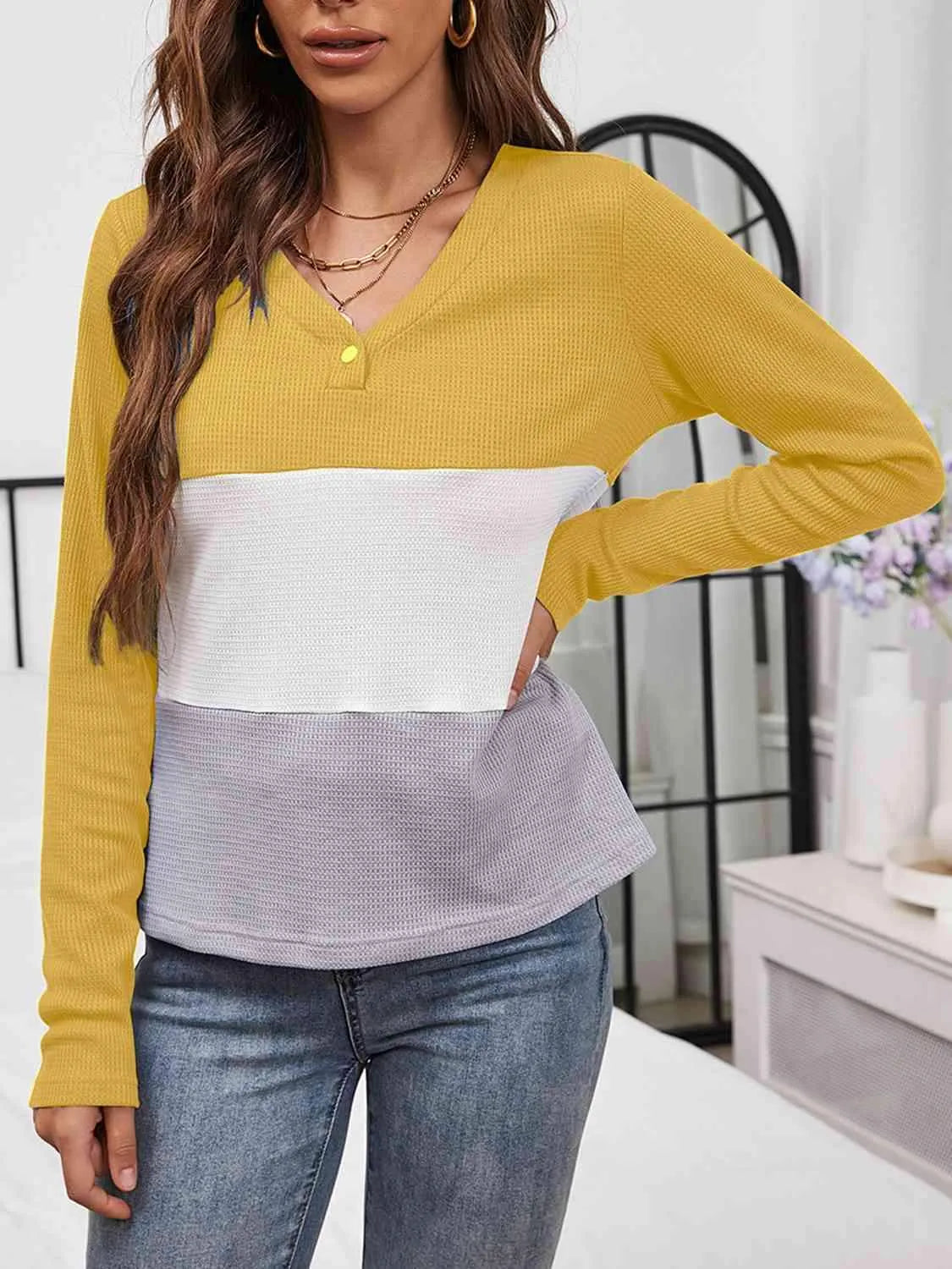 Color Block Long Sleeve Top Blouses - Tophatter Daily Deals