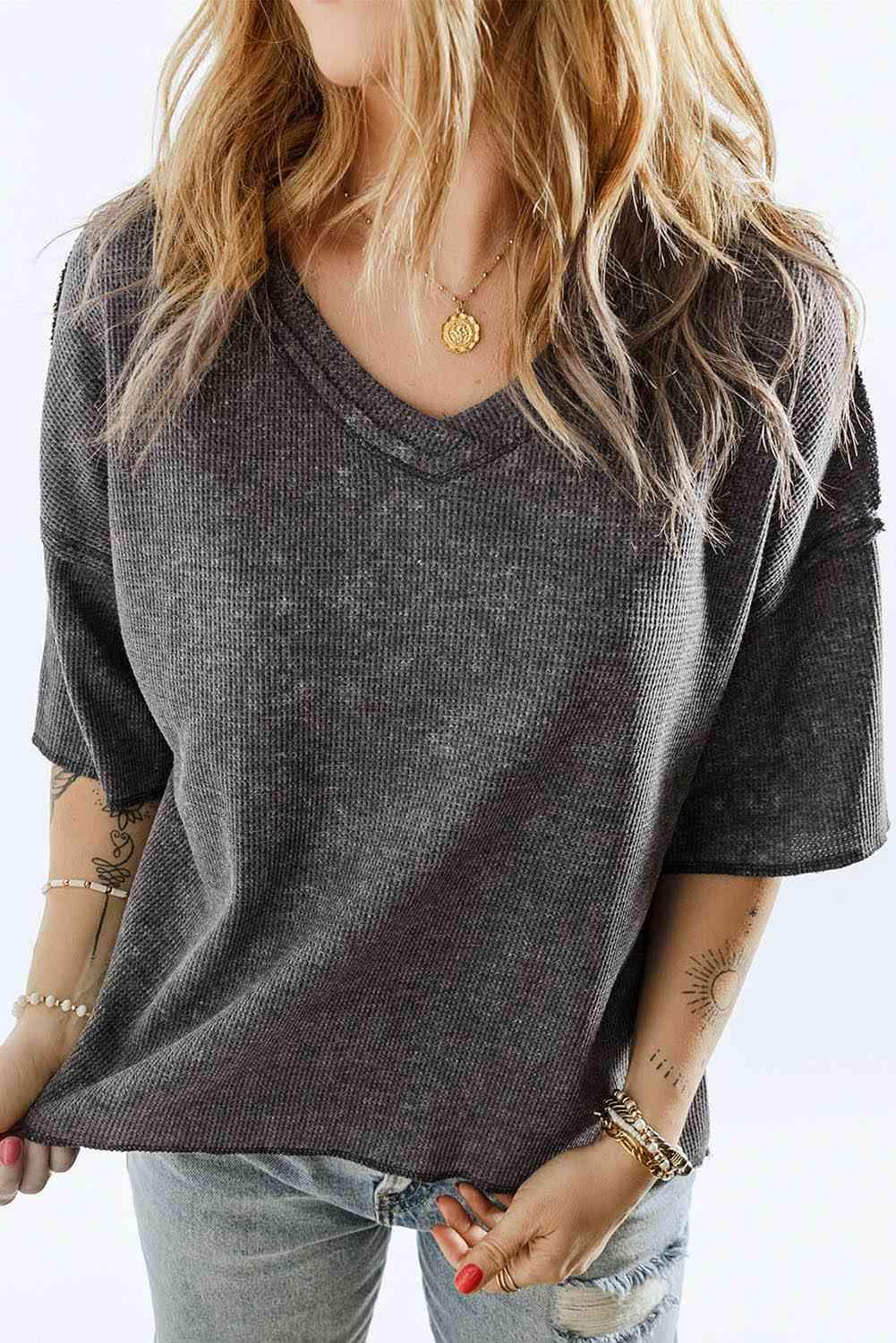 V-Neck Dropped Shoulder Tee Women's T-Shirts - Tophatter Daily Deals