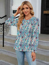 Printed Round Neck Flounce Sleeve Blouse Misty Blue Women's T-Shirts - Tophatter Daily Deals