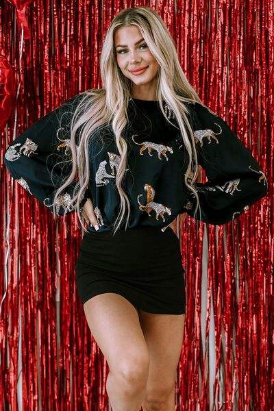 Animal Pattern Round Neck Long Sleeve Blouse Black Blouses - Tophatter Daily Deals