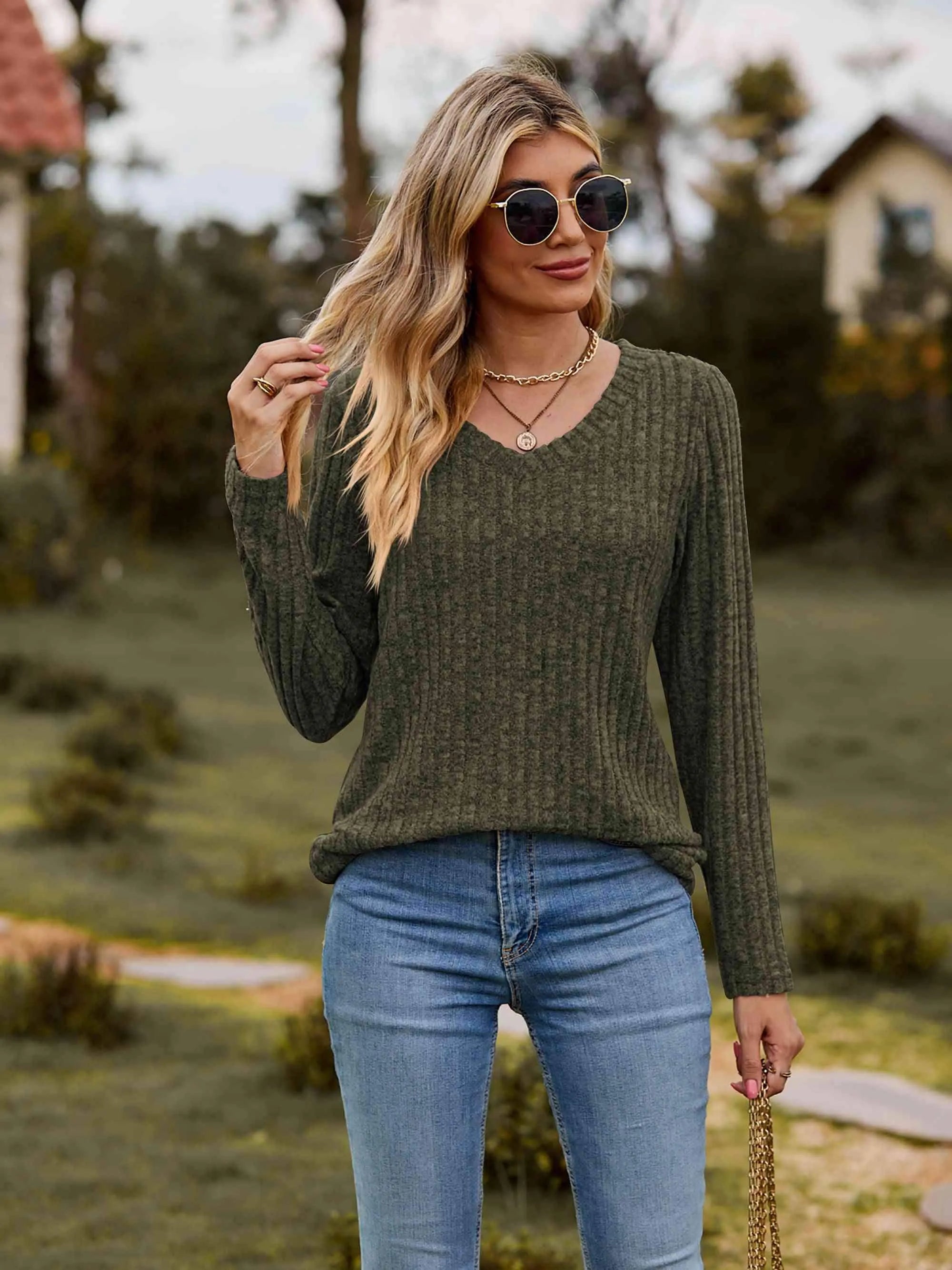 Ribbed V-Neck Long Sleeve Tee Women's T-Shirts - Tophatter Daily Deals