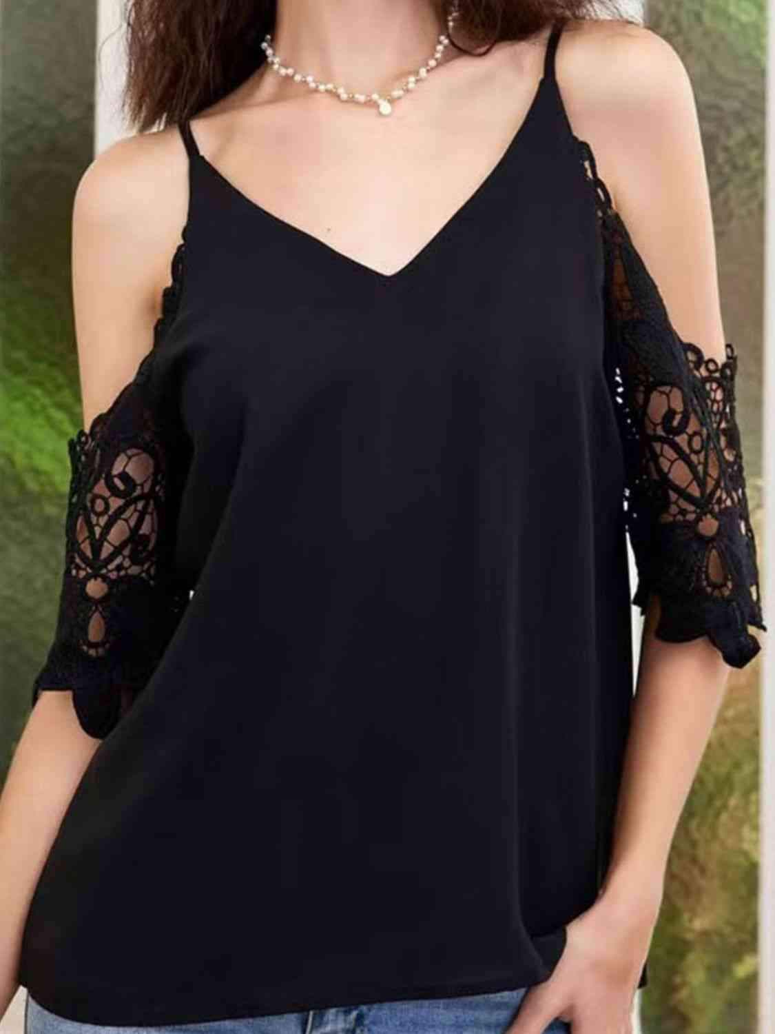 Cold-Shoulder V-Neck Spliced Lace Blouse Black Blouses - Tophatter Daily Deals