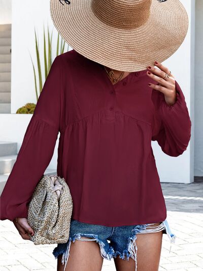 V-Neck Buttoned Balloon Sleeve Blouse - Tophatter Deals