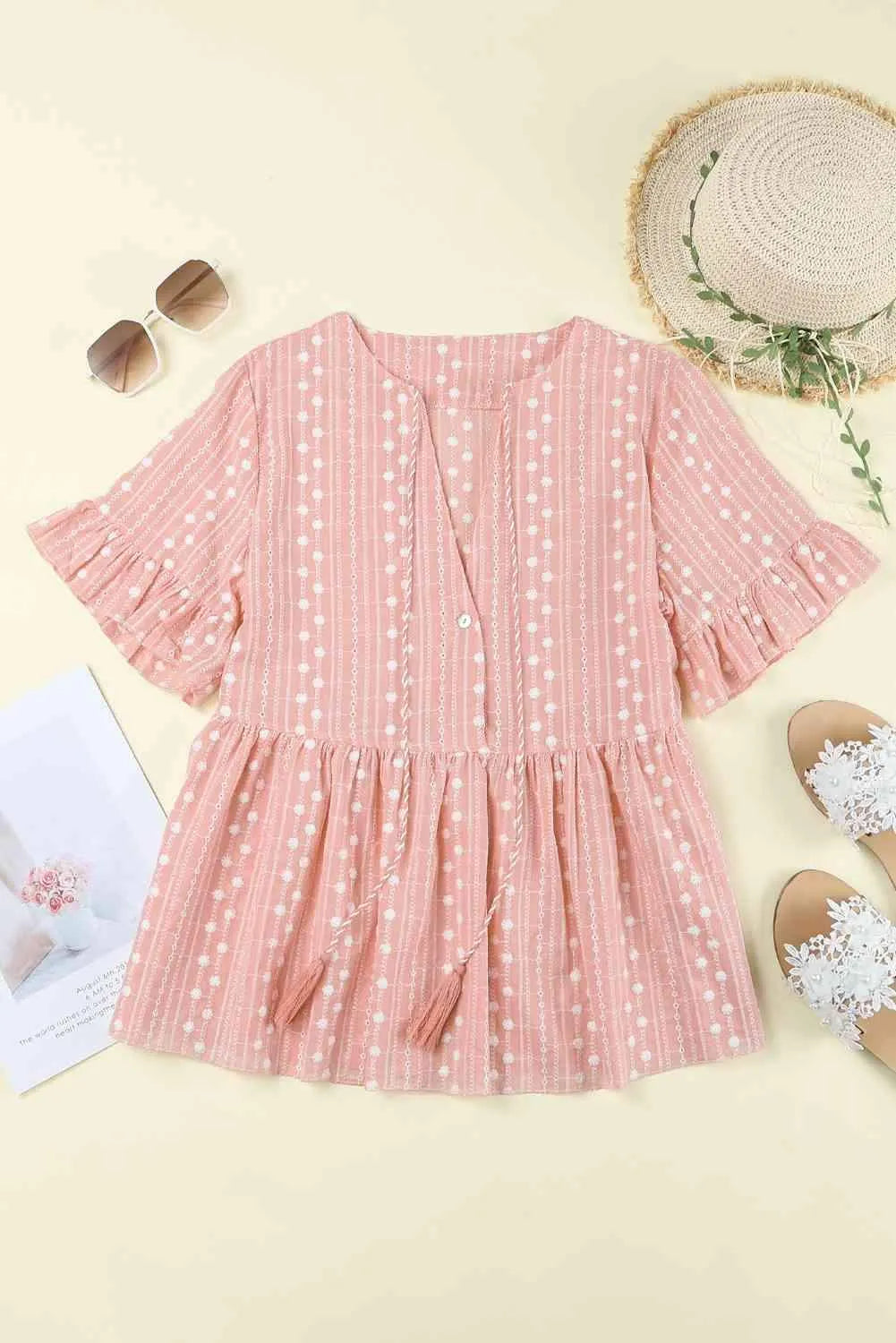 Embroidered Tassel Flounce Sleeve Babydoll Blouse Pink Blouses - Tophatter Daily Deals