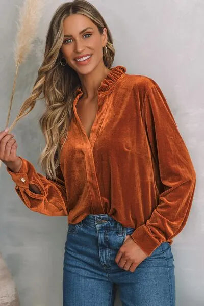 Notched Frill Detail Long Sleeve Blouse Chestnut Blouses - Tophatter Daily Deals