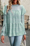 Printed Round Neck Flounce Sleeve Blouse Gum Leaf Blouses - Tophatter Daily Deals