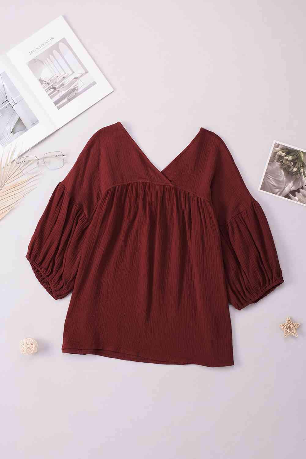 Dropped Shoulder V-Neck Blouse Blouses - Tophatter Daily Deals