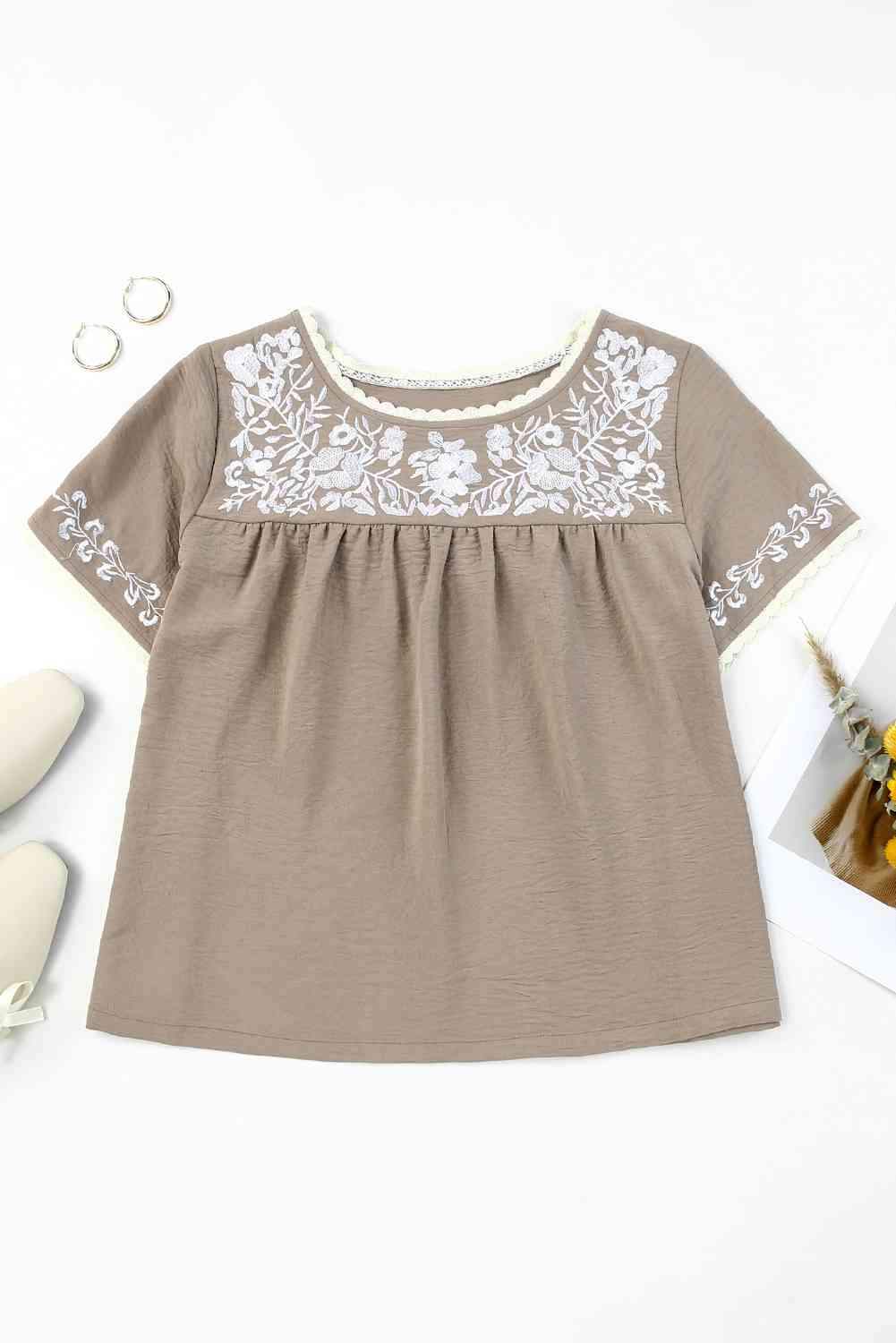 Embroidered Round Neck Short Sleeve Blouse Blouses - Tophatter Daily Deals