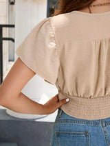 Smocked Ruffled Surplice Cap Sleeve T-Shirt Women's T-Shirts - Tophatter Daily Deals