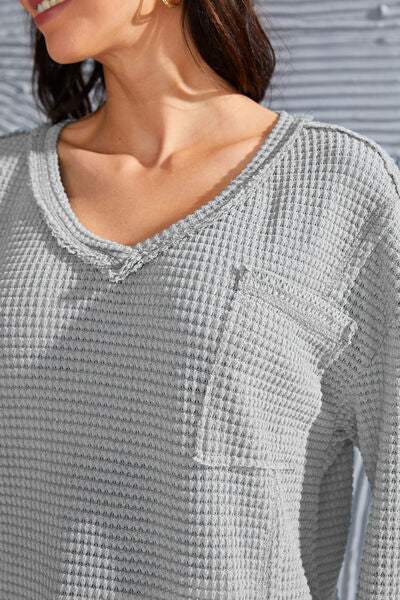 Waffle-Knit V-Neck Blouse with Breast Pocket Blouses - Tophatter Daily Deals