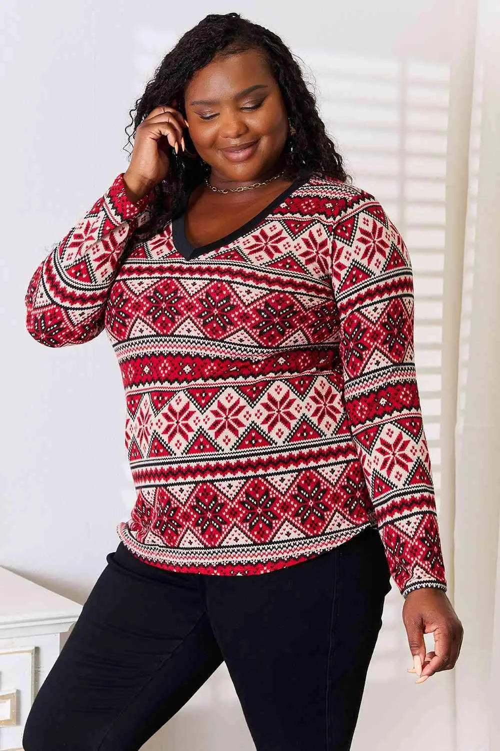 Heimish Full Size Snowflake Print Long Sleeve Top Blouses - Tophatter Daily Deals