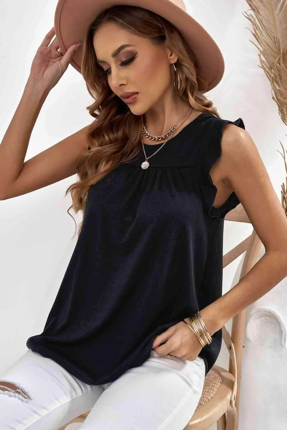 Keyhole Back Ruffle Shoulder Sleeveless Top Blouses - Tophatter Daily Deals
