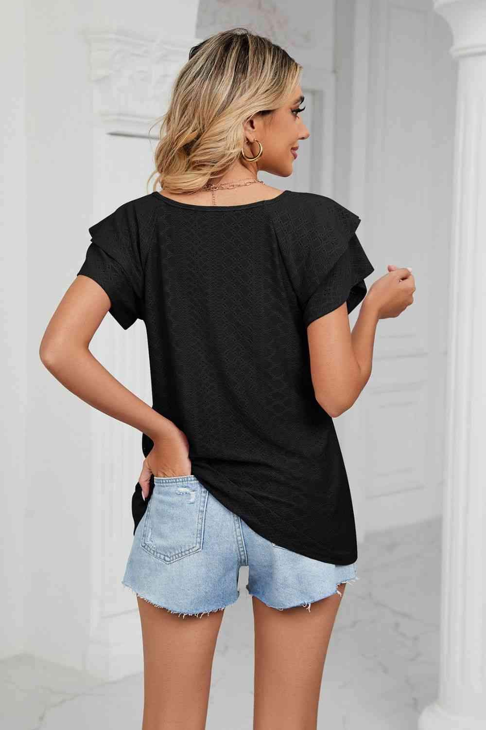 Eyelet Layered Flutter Sleeve V-Neck Knit Top Blouses - Tophatter Daily Deals