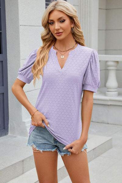 Eyelet Notched Puff Sleeve T-Shirt Women's T-Shirts - Tophatter Daily Deals