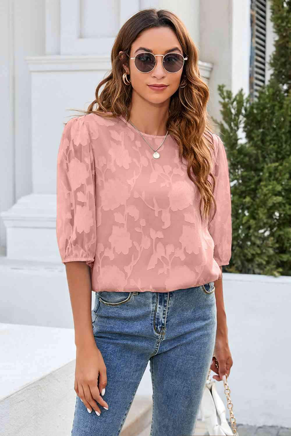 Floral Round Neck Puff Sleeve Top Peach Blouses - Tophatter Daily Deals