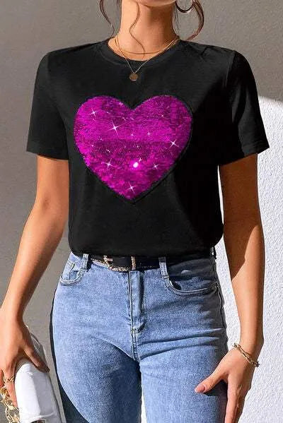 Heart Sequin Round Neck Short Sleeve T-Shirt Women's T-Shirts - Tophatter Daily Deals