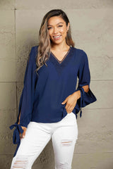 Double Take V-Neck Tie Cuff Slit Blouse Blouses - Tophatter Daily Deals