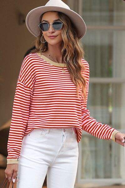 Striped Round Neck Drop Shoulder T-Shirt Blouses - Tophatter Daily Deals