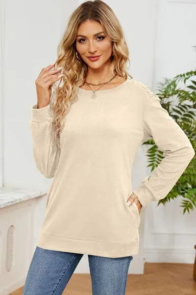 Ruched Round Neck Long Sleeve T-Shirt Women's T-Shirts - Tophatter Daily Deals
