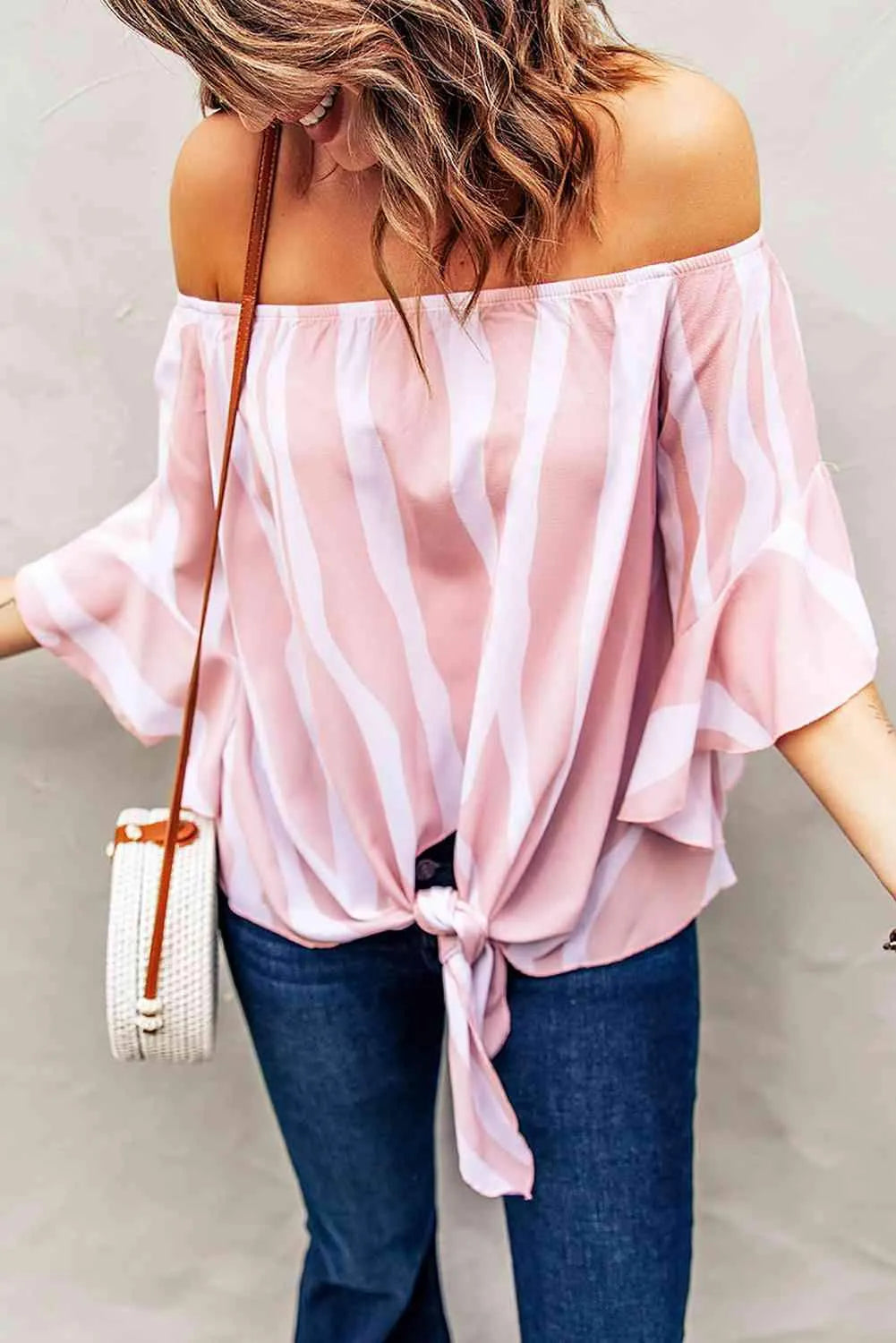 Striped Tie Front Flounce Sleeve Blouse Blouses - Tophatter Daily Deals