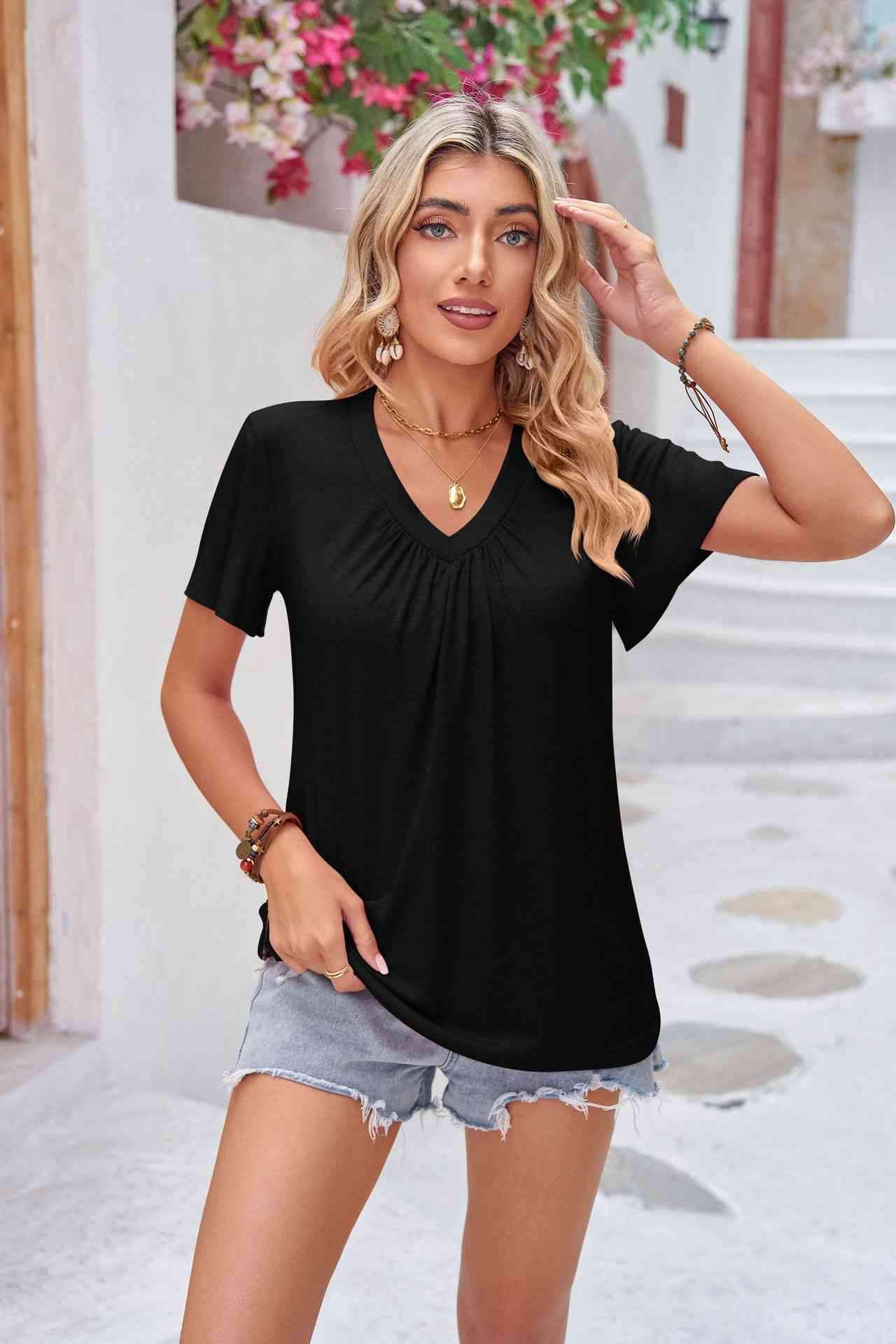 Ruched V-Neck Short Sleeve Tee Women's T-Shirts - Tophatter Daily Deals