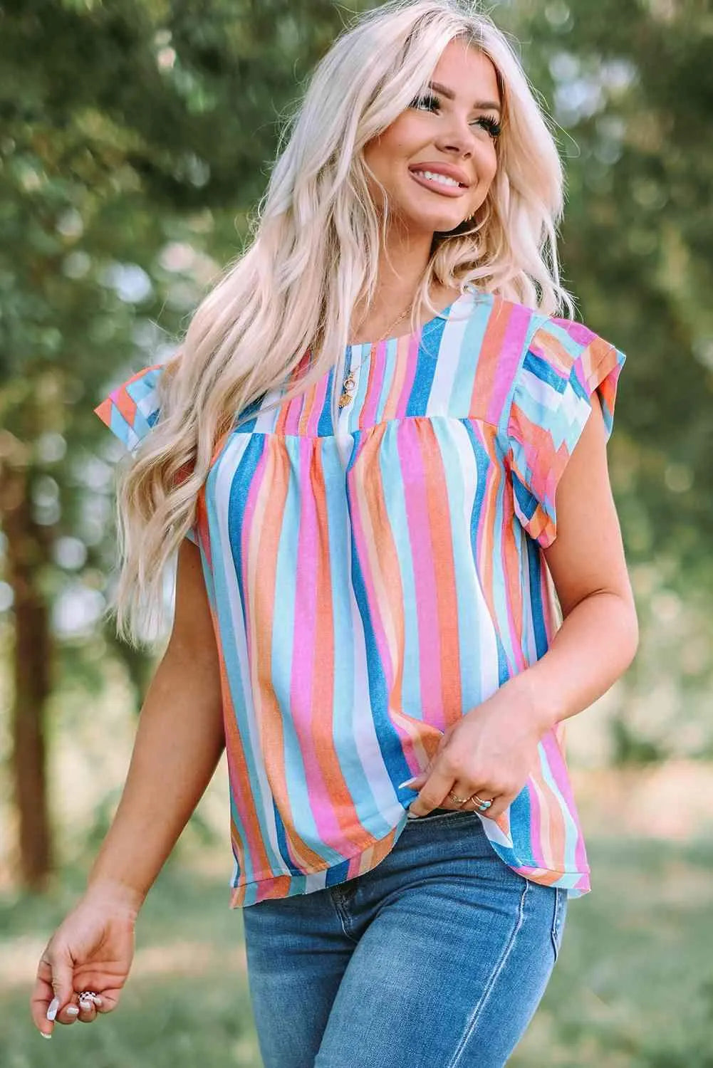 Multicolored Stripe Flutter Sleeve Blouse Blouses - Tophatter Daily Deals