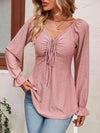 Tie Front V-Neck Puff Sleeve Blouse Blouses - Tophatter Daily Deals